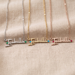 Personalised signature name necklace shown in silver, gold, and rose gold finishes for colour comparison