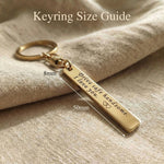 Personalised tag keyring size guide showing bar tag dimensions and keyring scale