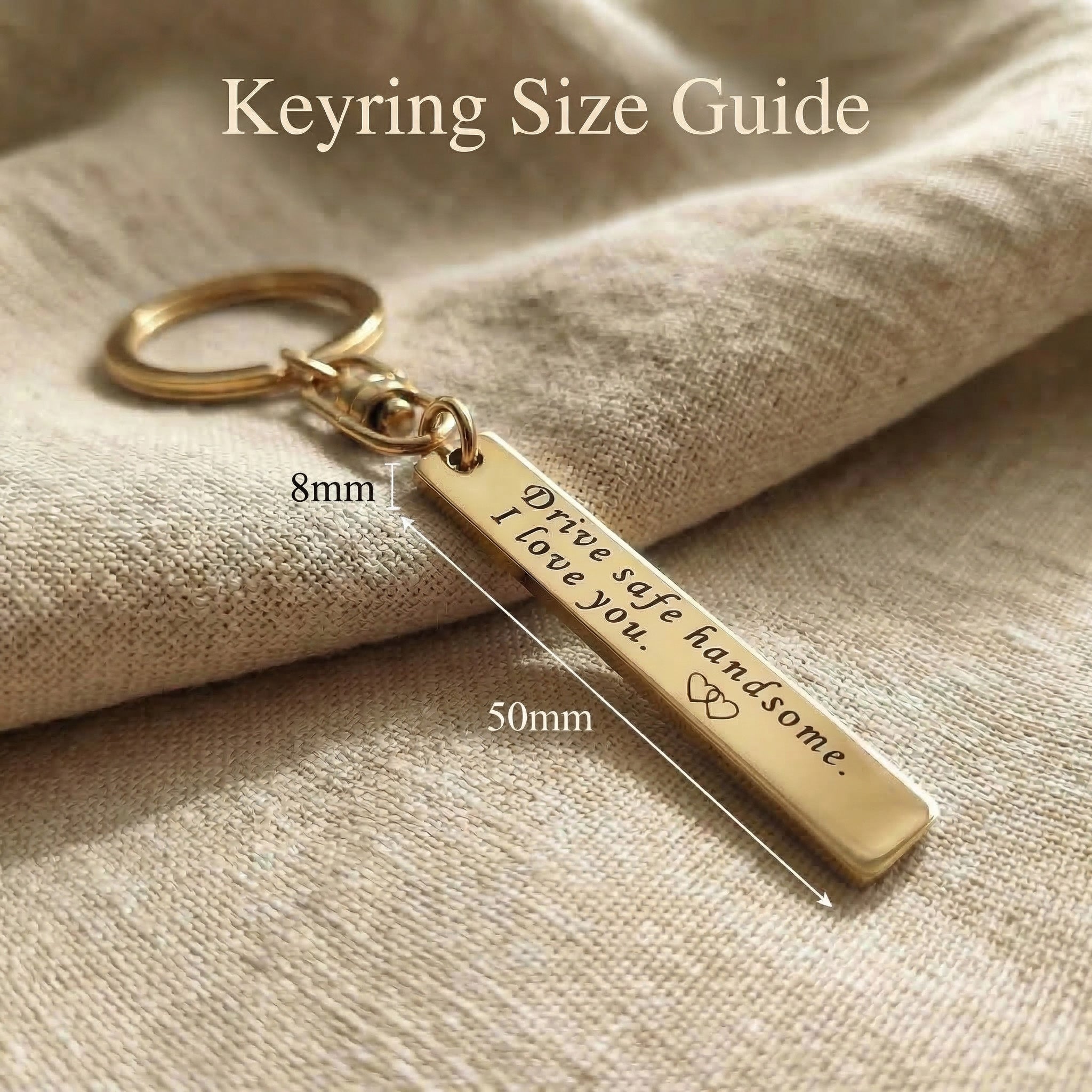 Personalised tag keyring size guide showing bar tag dimensions and keyring scale