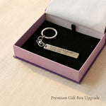 Personalised tag keyring in premium gift box, engraved jewellery gift presentation