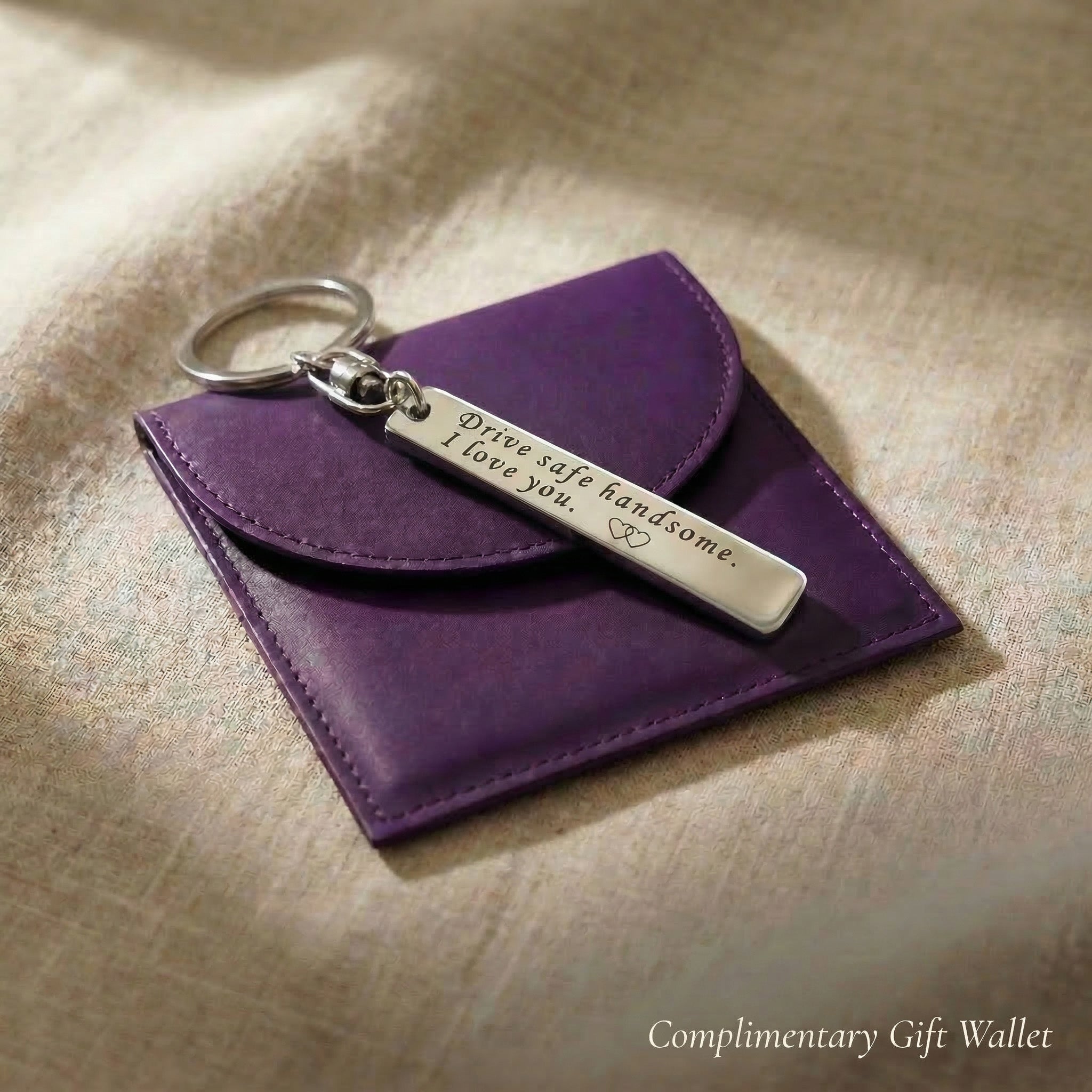 Personalised tag keyring displayed with gift wallet packaging, meaningful gift option