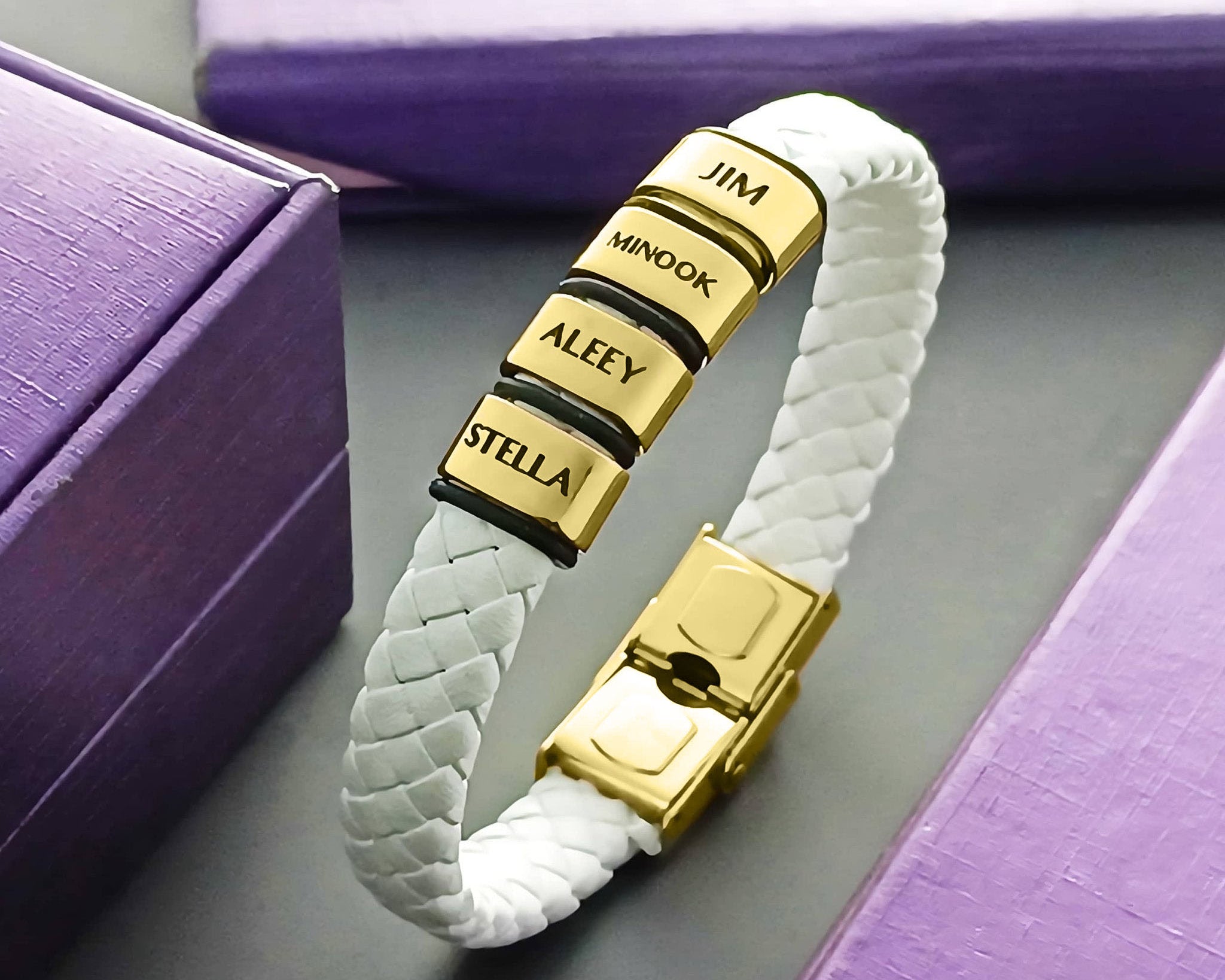 Personalised White Leather Bracelet - Bangles & Bracelets by Belle Fever Jewellery