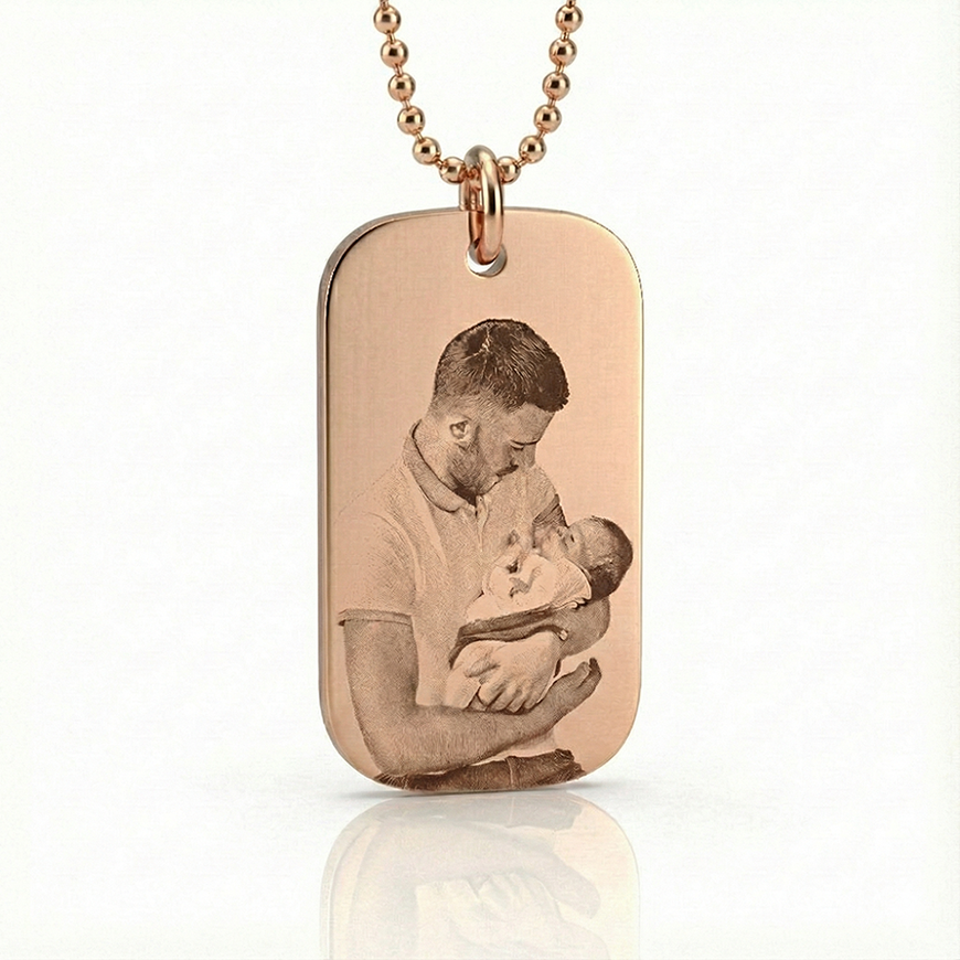 Custom Engraved Photo Dog Tag Rose Gold Necklace by Belle Fever, men's jewellery gift, capturing treasured memories.