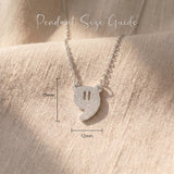 Power of pause necklace size guide showing pendant dimensions and clean symbolic design