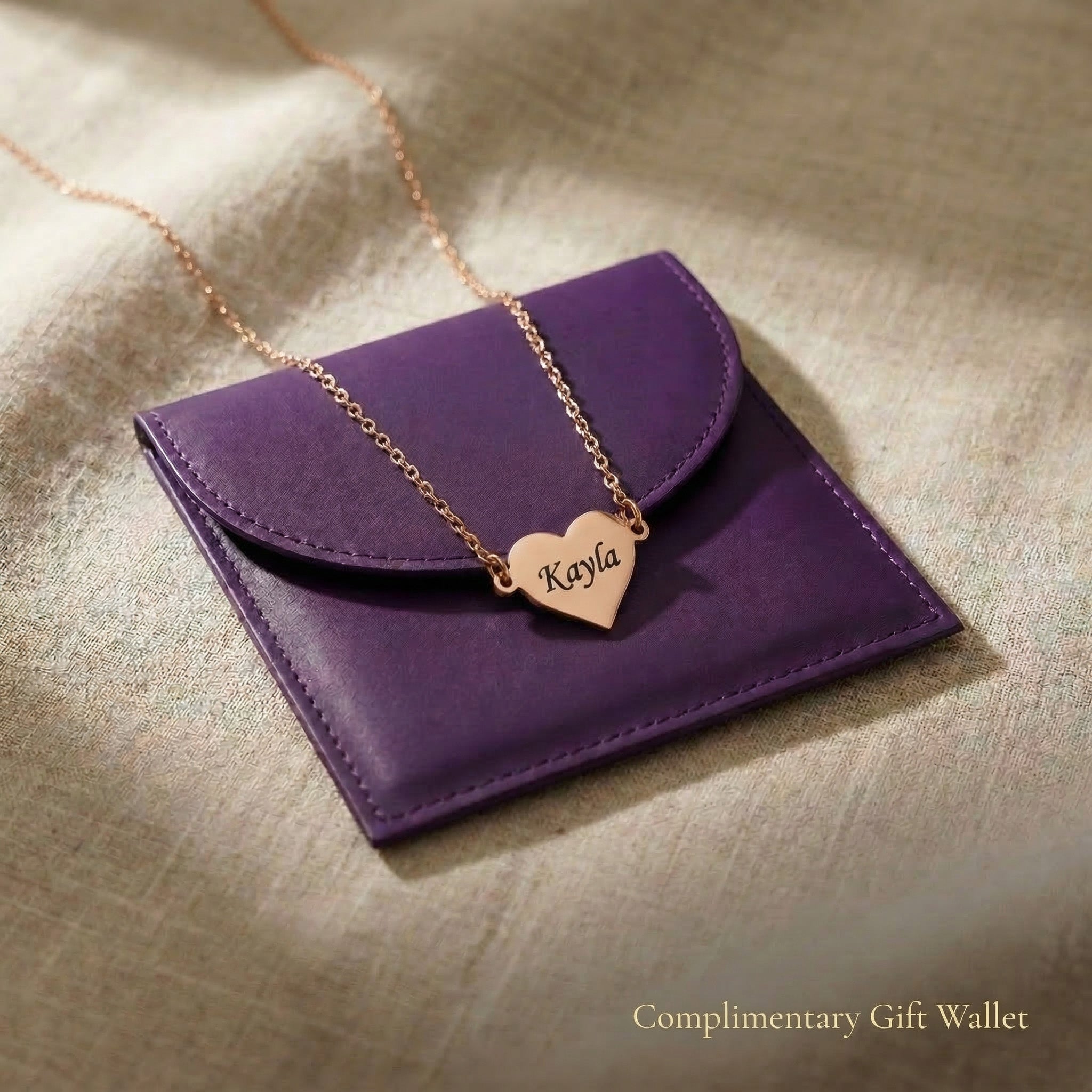 Precious heart necklace displayed with gift wallet packaging, personalised jewellery gift