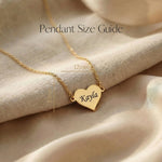 Personalised heart necklace size guide showing pendant dimensions and chain detail