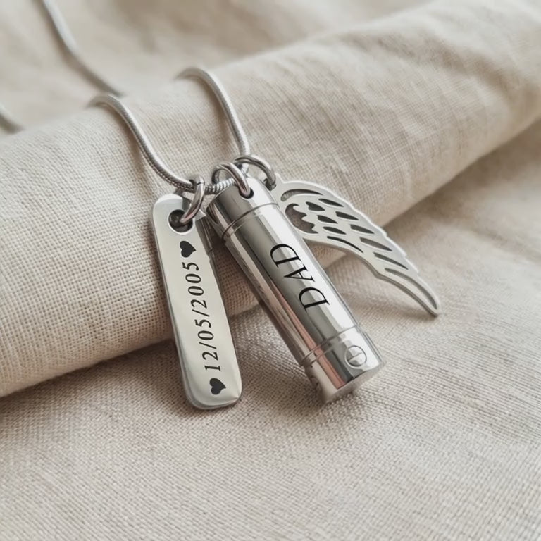 Memory Cremation Necklace with engraved bar pendant shown in close-up product view