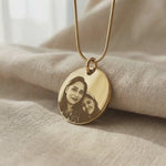 Personalised Disc Pendant necklace with custom photo engraving shown in close-up product view