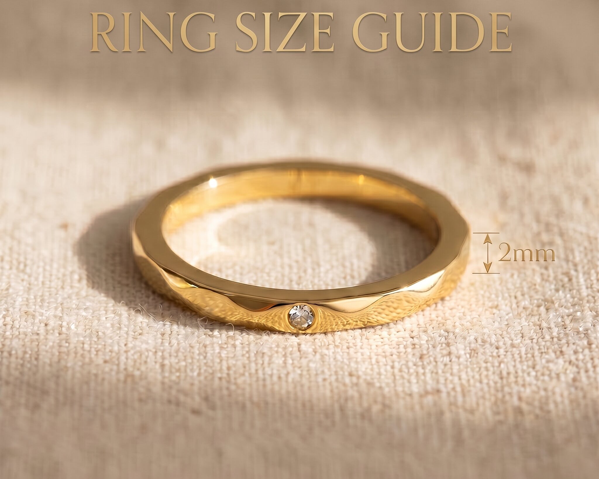 Prism ring size guide showing minimalist band width and geometric design proportions
