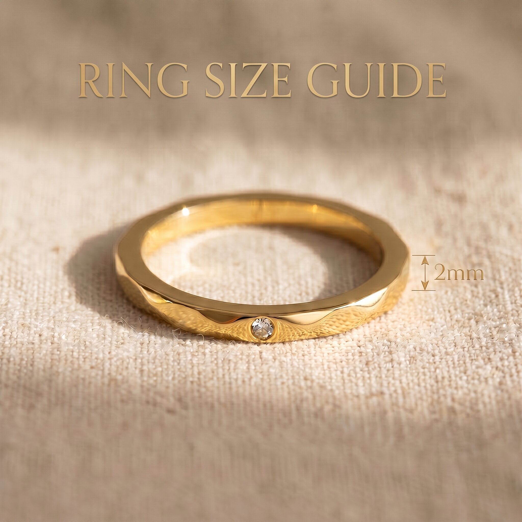 Prism ring size guide showing minimalist band width and geometric design proportions