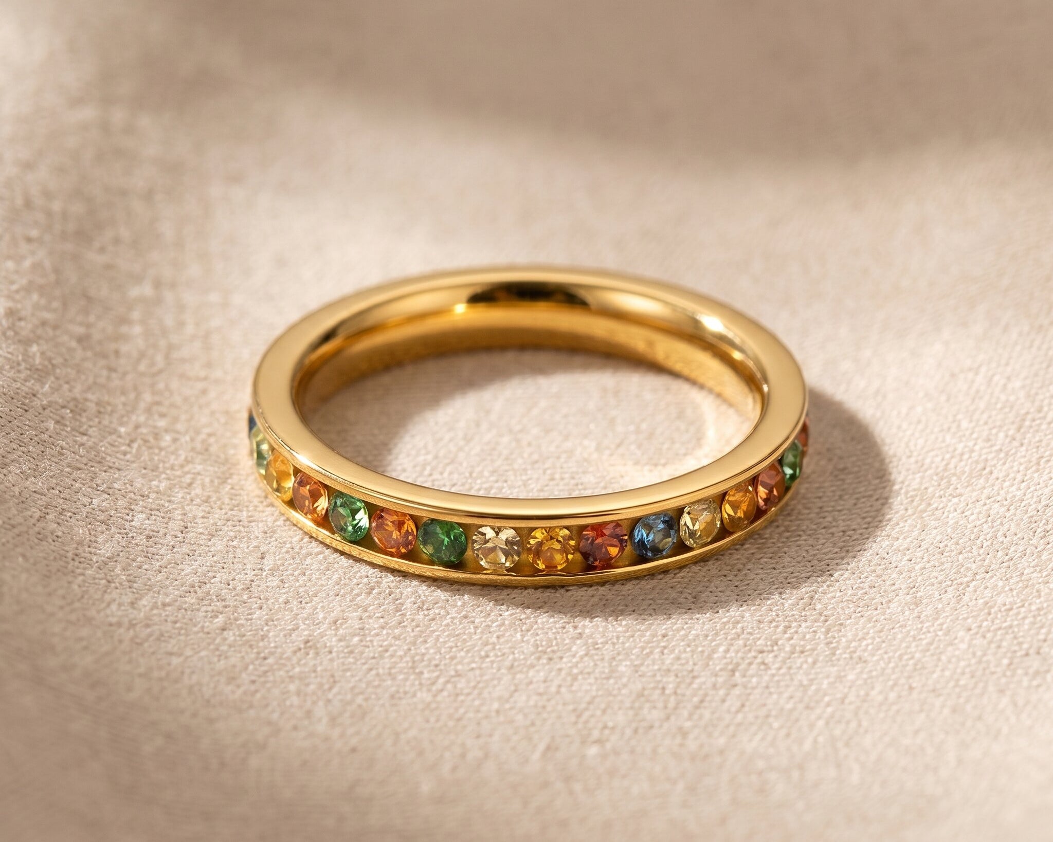 Rainbow crystal ring in gold with colourful gemstone band, elegant stacking jewellery gift for her