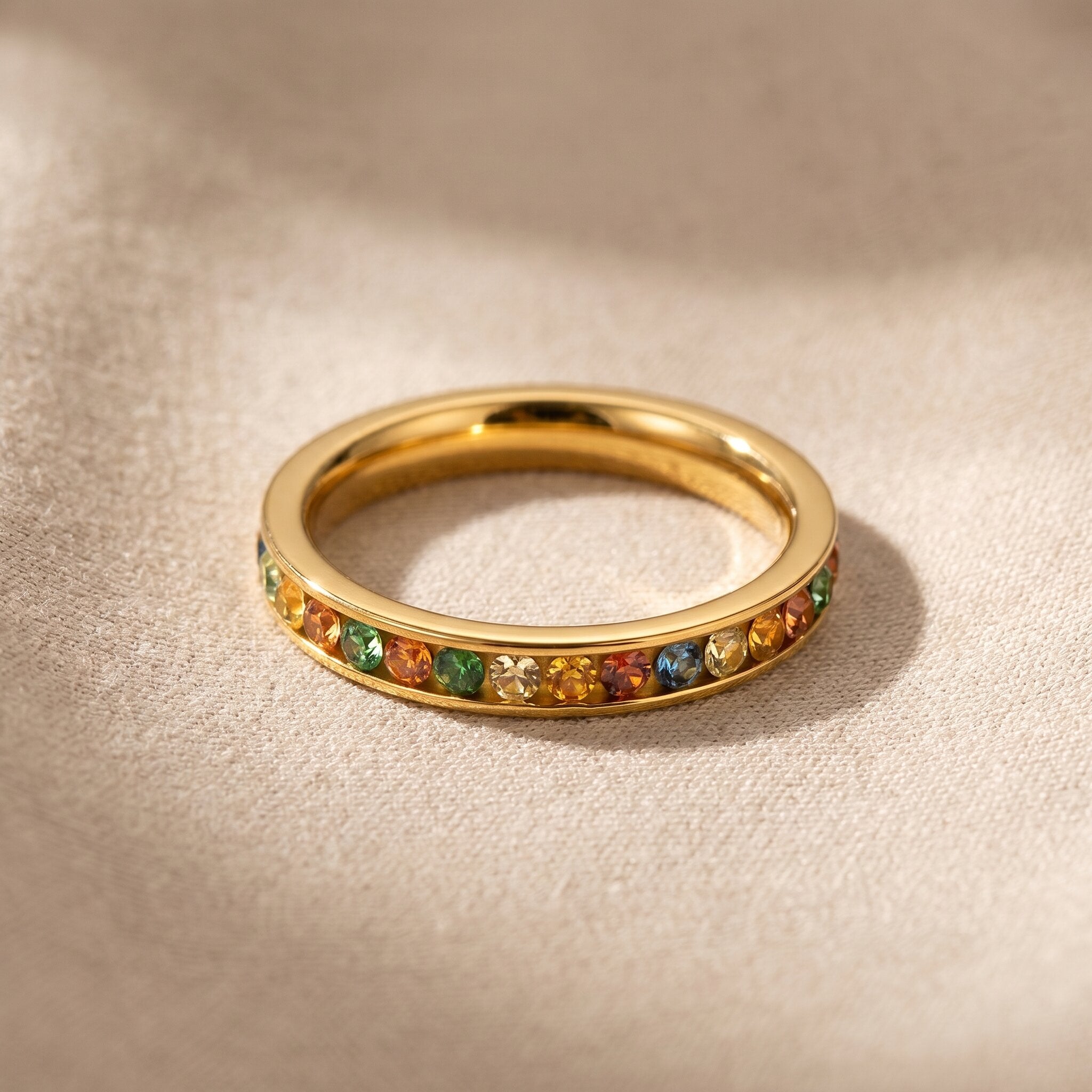 Rainbow crystal ring in gold with colourful gemstone band, elegant stacking jewellery gift for her