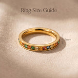 Rainbow crystal ring size guide showing gemstone band width and colourful stone detail proportions