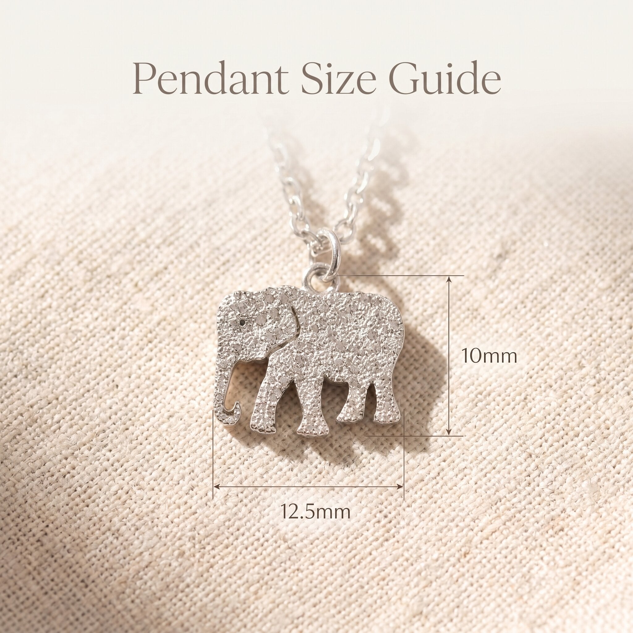 Remember necklace size guide showing elephant pendant dimensions and chain length