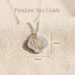 Serenity shell necklace size guide showing pendant dimensions and delicate shell design detail