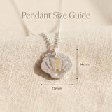 Serenity shell necklace size guide showing pendant dimensions and delicate shell design detail