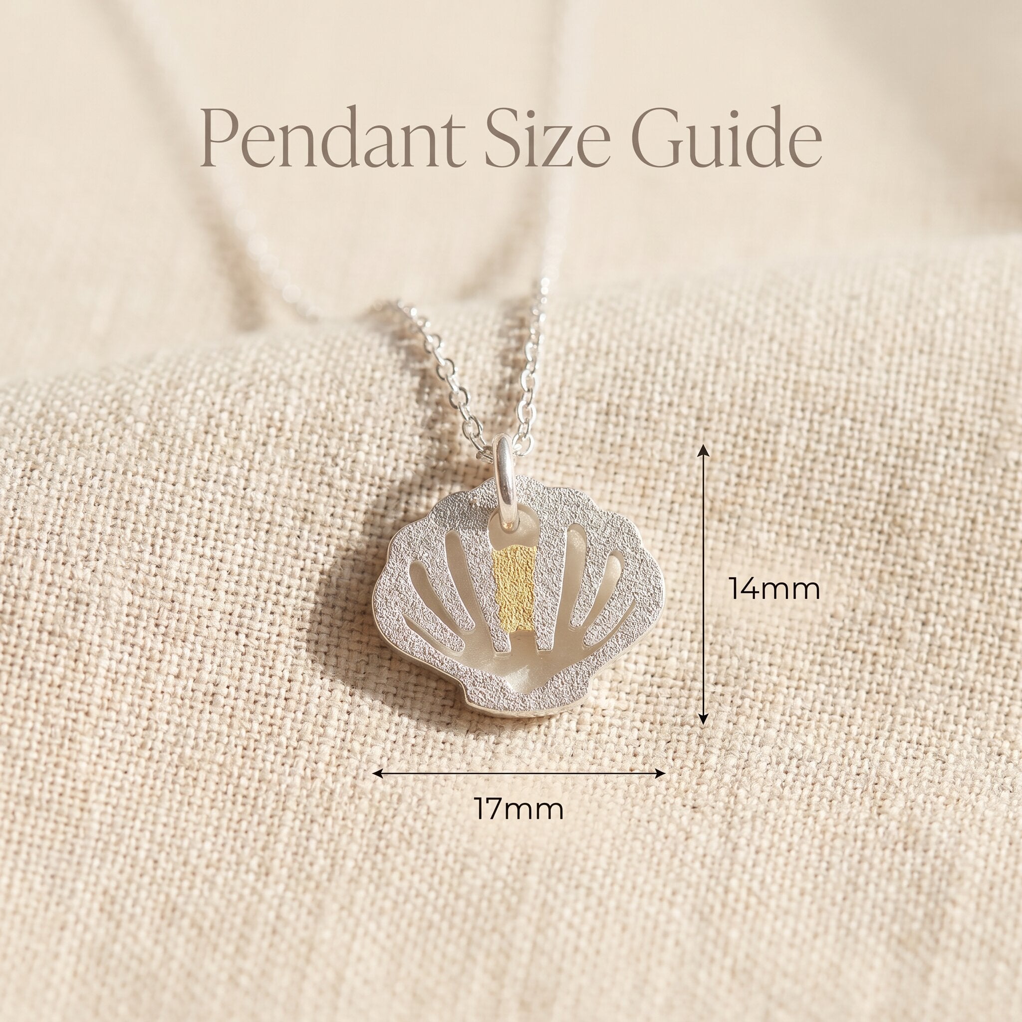 Serenity shell necklace size guide showing pendant dimensions and delicate shell design detail