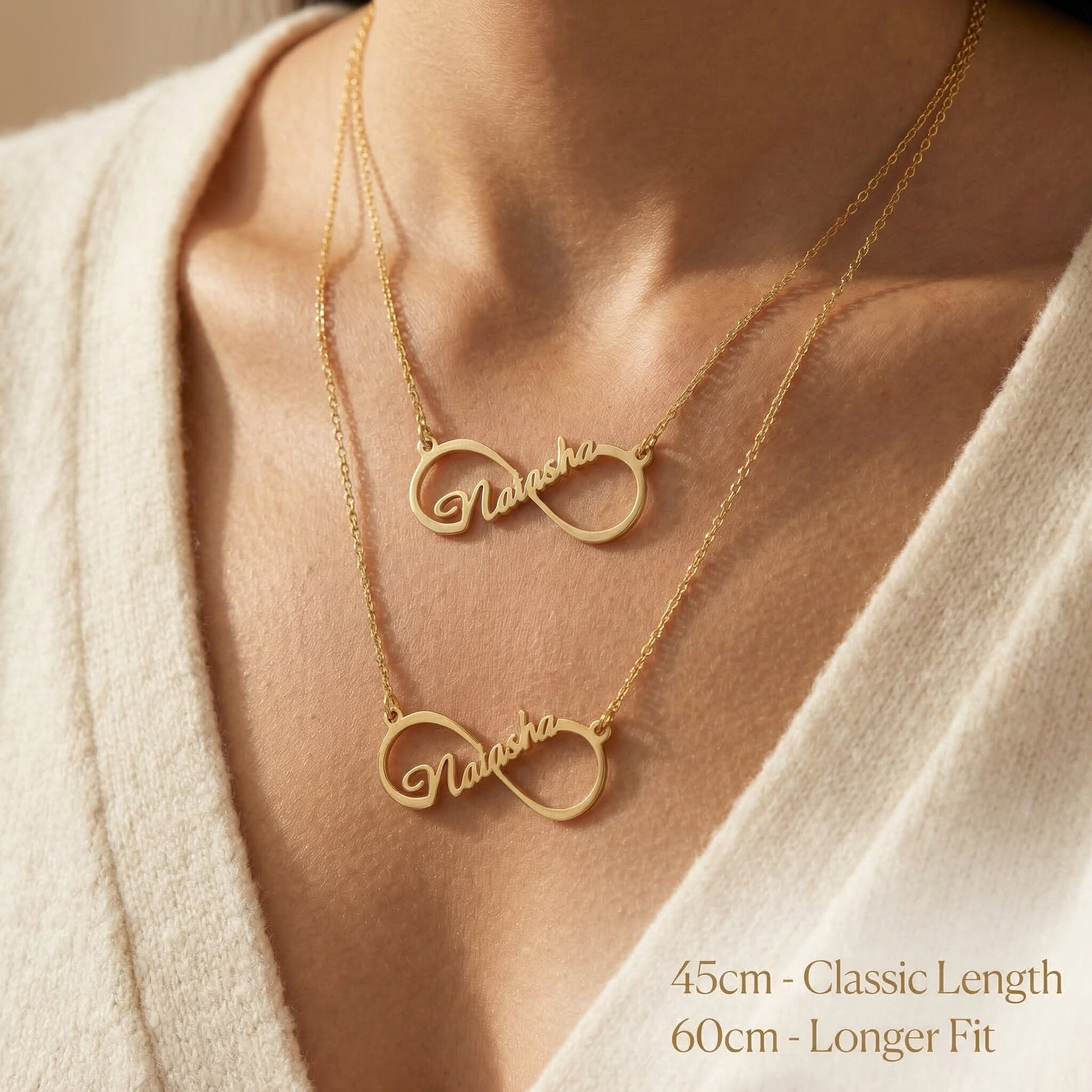 Single infinity name necklace worn showing different chain length with personalised name detail 