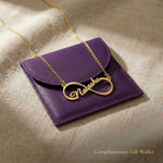 Single infinity name necklace displayed with gift wallet packaging, personalised jewellery gift