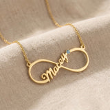 Single infinity name necklace option showing personalised name necklace with birthstone option
