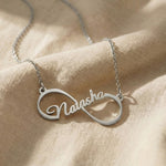 Single infinity name necklace in silver with personalised name, elegant minimal design