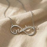 Single infinity name necklace in silver with personalised name, elegant minimal design
