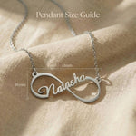 Single infinity name necklace size guide showing pendant dimensions detail