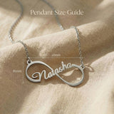 Single infinity name necklace size guide showing pendant dimensions detail
