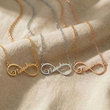 Single infinity name necklace tone comparison showing gold, silver and rose gold finishes