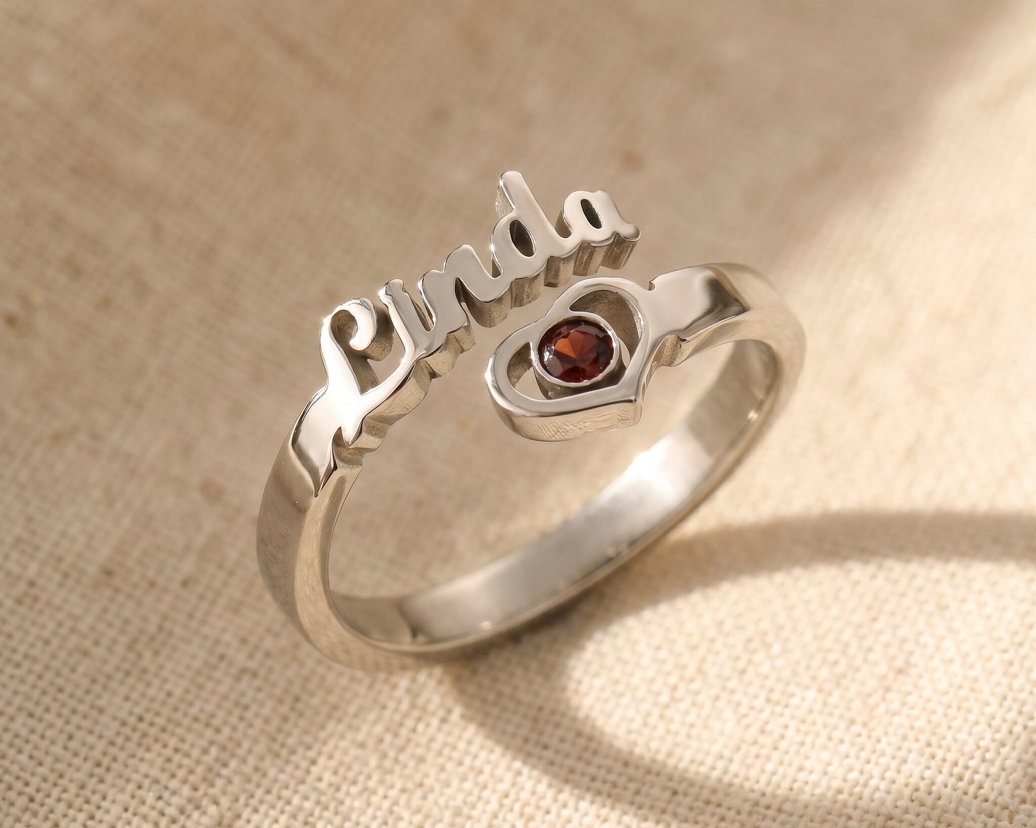 Silver single name ring with custom script engraving and birthstone, elegant jewellery for her