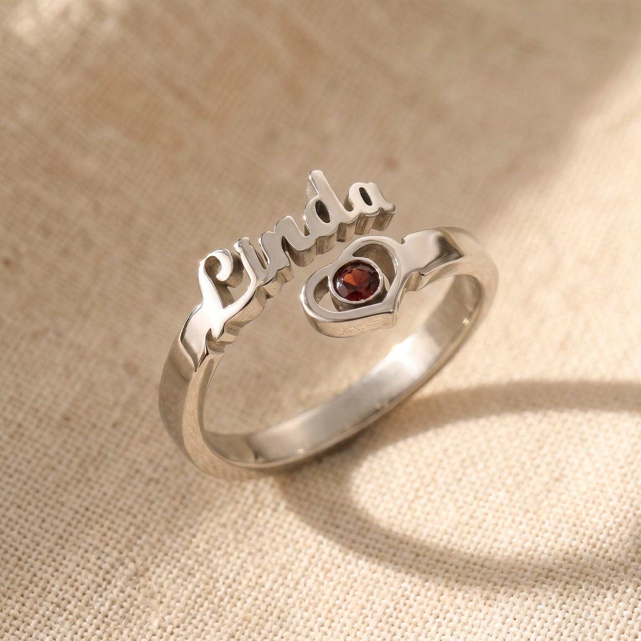 Silver single name ring with custom script engraving and birthstone, elegant jewellery for her