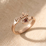 Personalised single name ring in rose gold with custom script engraving and birthstone, meaningful jewellery gift for her
