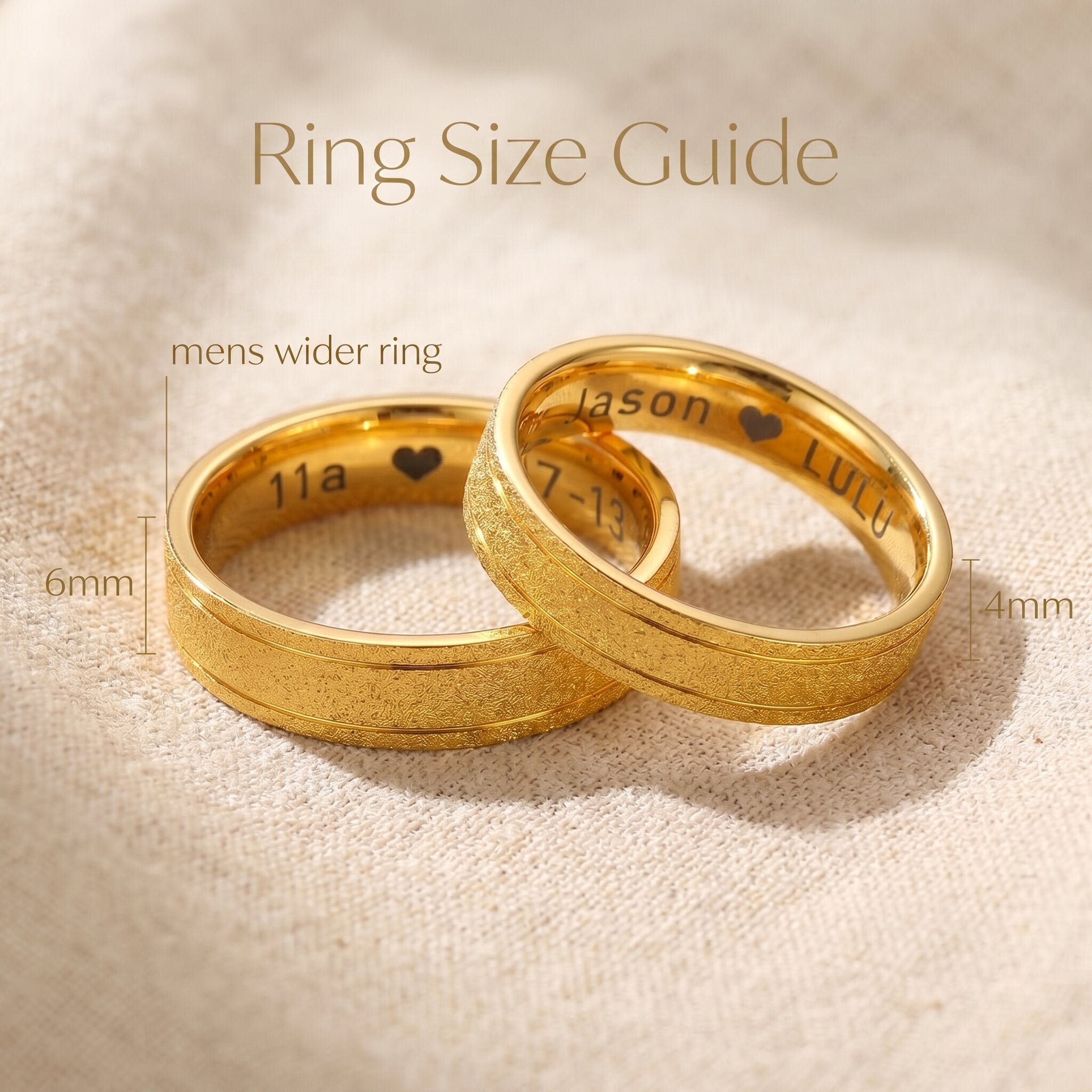 Sparkling love ring size guide showing textured band width and engraved inner detail proportions