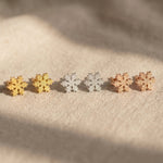 Sparkling snowflake earrings tone comparison showing gold, silver and rose gold winter jewellery options