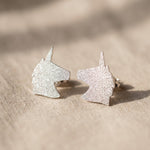Sparkling unicorn earrings in silver with glitter detail, cute fantasy jewellery gift idea