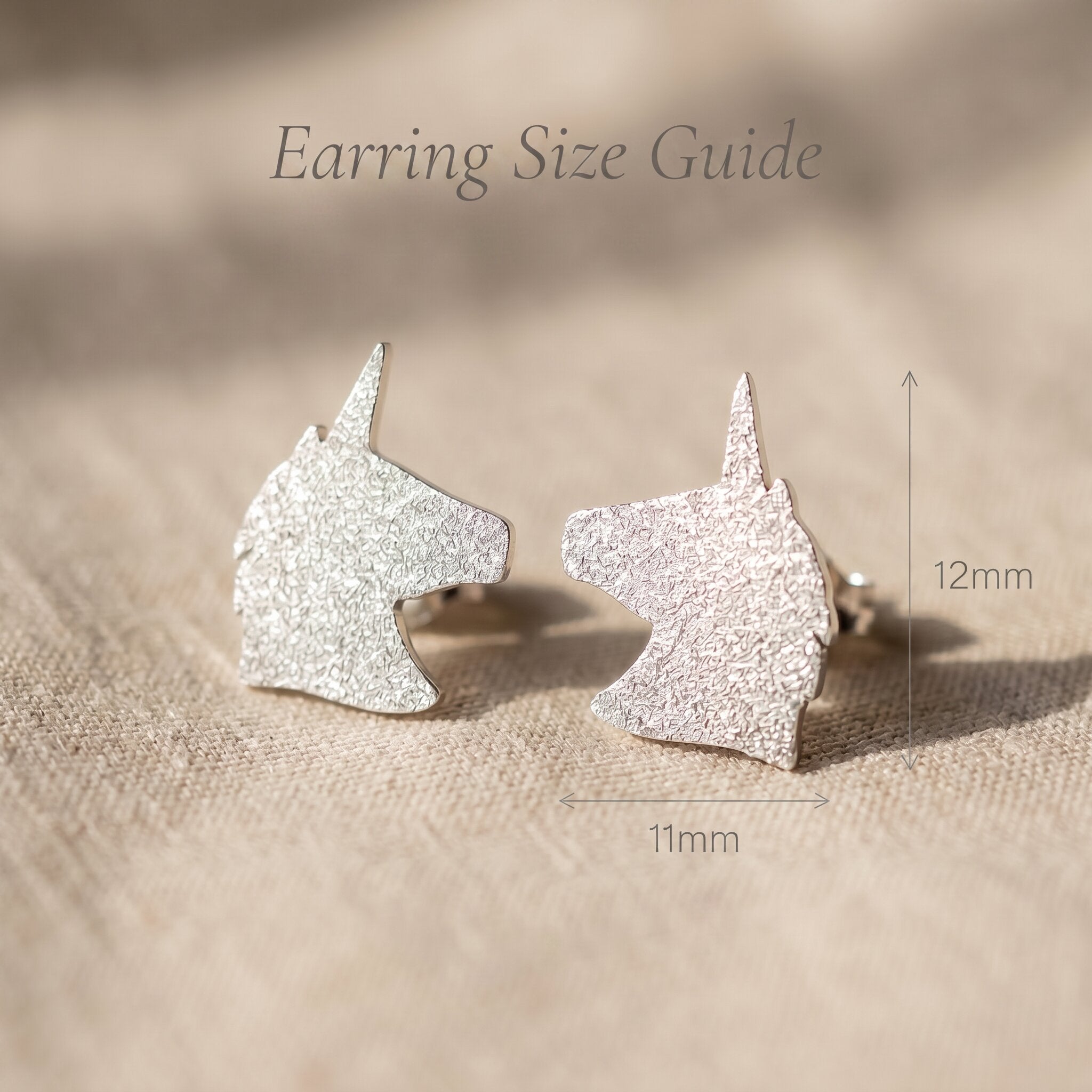 Sparkling unicorn earrings size guide showing stud dimensions and detailed design