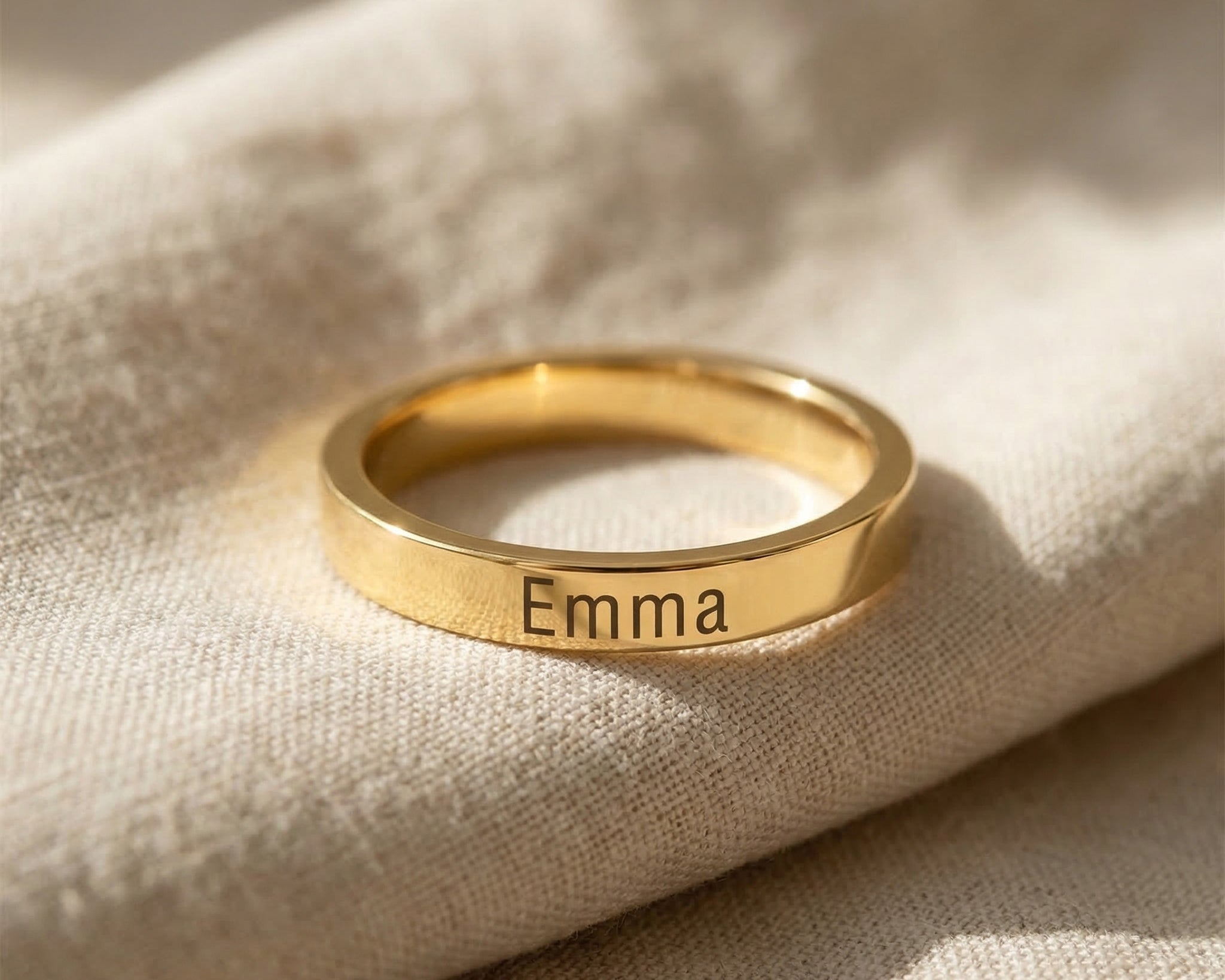 Personalised stackable ring in gold with engraved name, minimal everyday jewellery