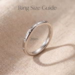 Starlets ring size guide showing slim minimalist band width and delicate stacking ring proportions