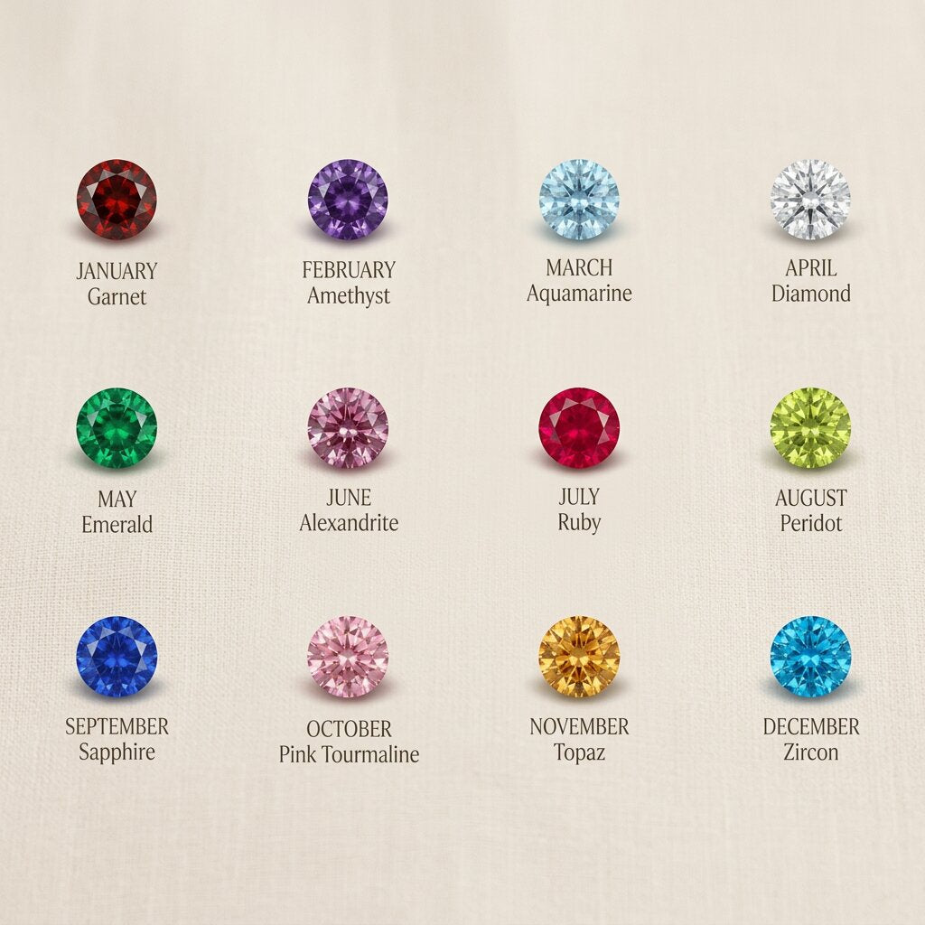 Birthstone color chart showing available gemstone options for ring customization