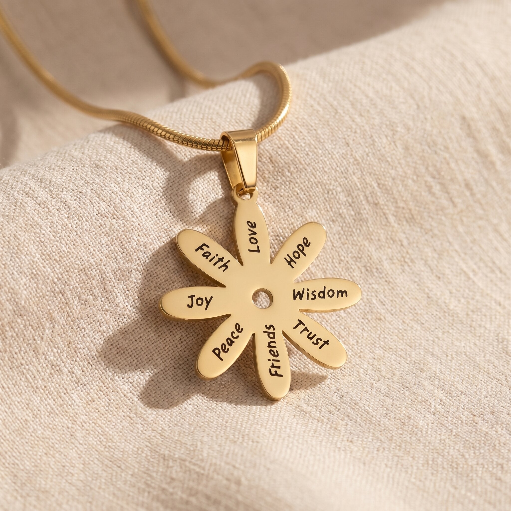 Sunflower necklace in gold with detailed floral design, meaningful jewellery gift for mum or daughter