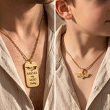 Father and son wearing matching superhero necklaces, personalised family bond jewellery keepsake gift