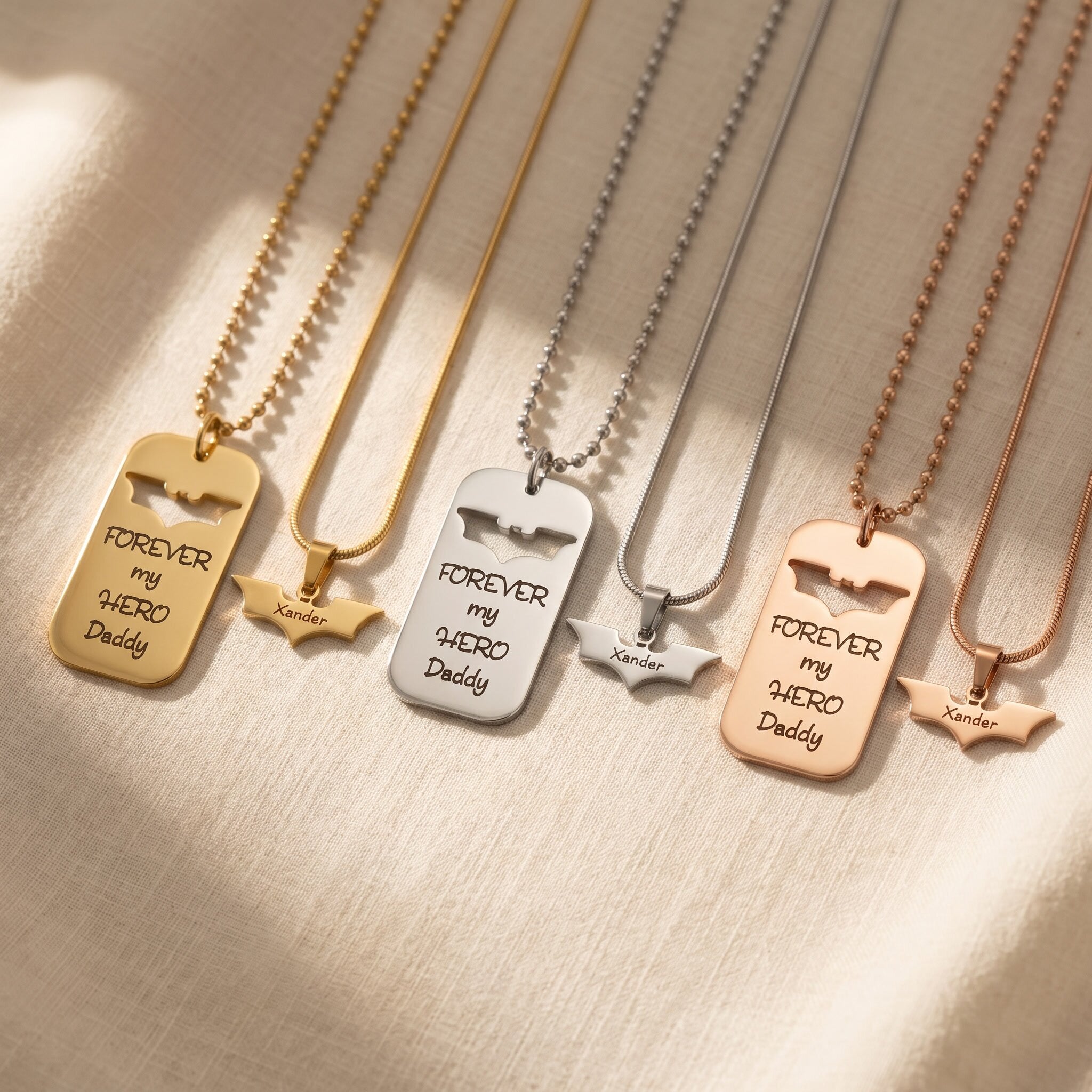 Father and son matching bat dog tag necklaces in gold, silver and rose gold personalised keepsake jewellery
