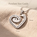 Swirl of my heart necklace size guide showing heart pendant dimensions and engraving detail