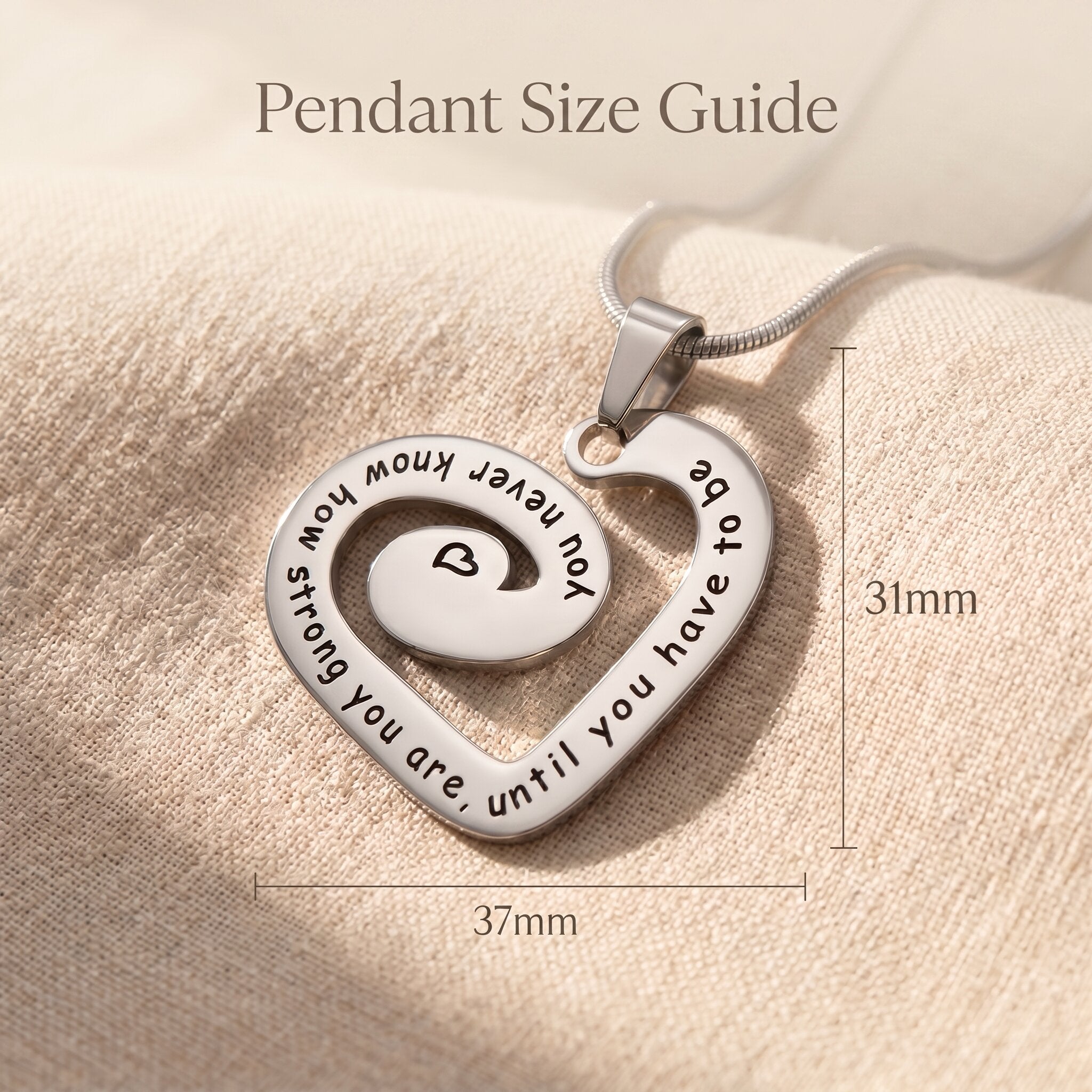 Swirl of my heart necklace size guide showing heart pendant dimensions and engraving detail