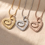 Swirl of my heart necklace tone comparison showing gold, silver and rose gold sentimental jewellery finishes