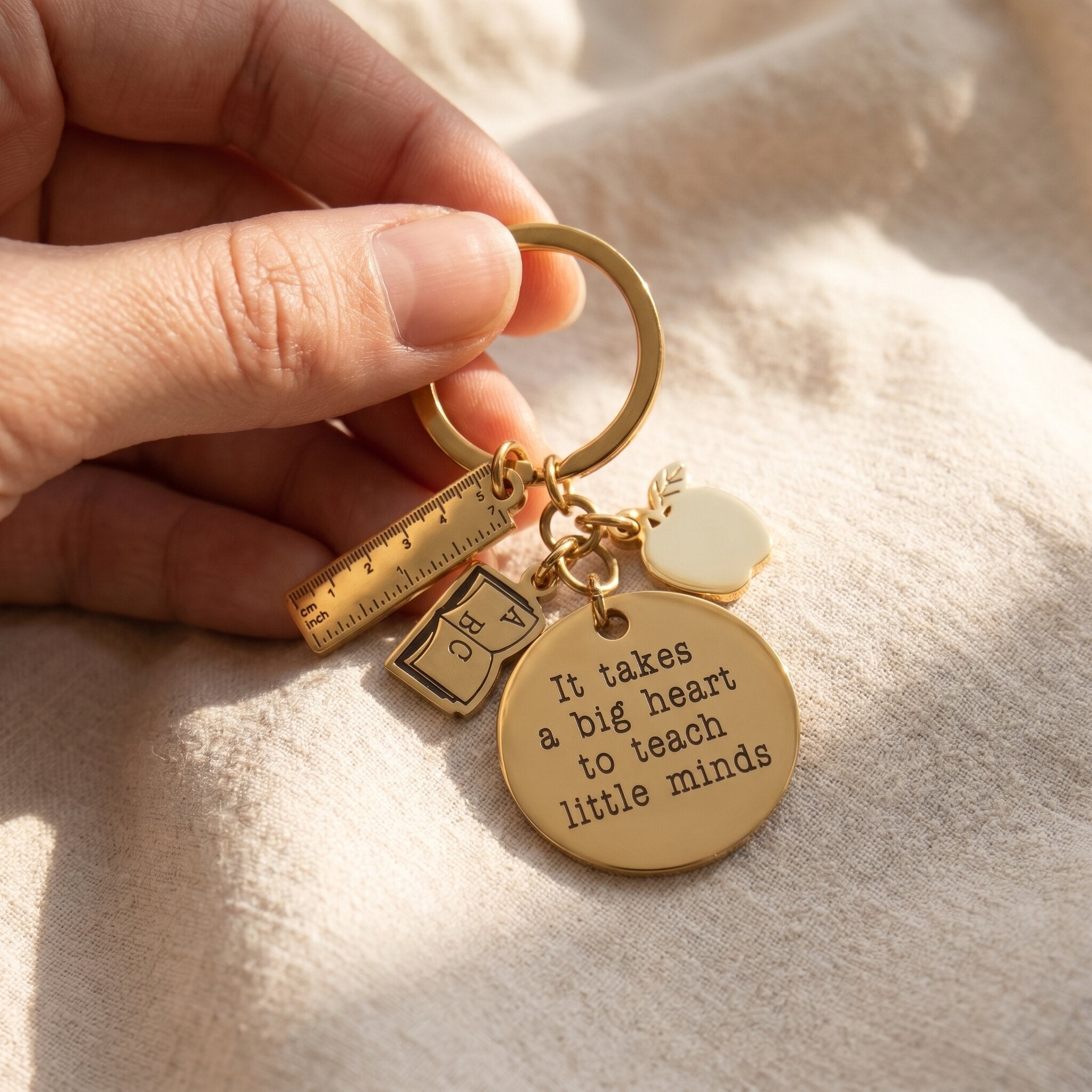 Hand holding teacher life keyring, meaningful thank you teacher gift with engraved keepsake tag