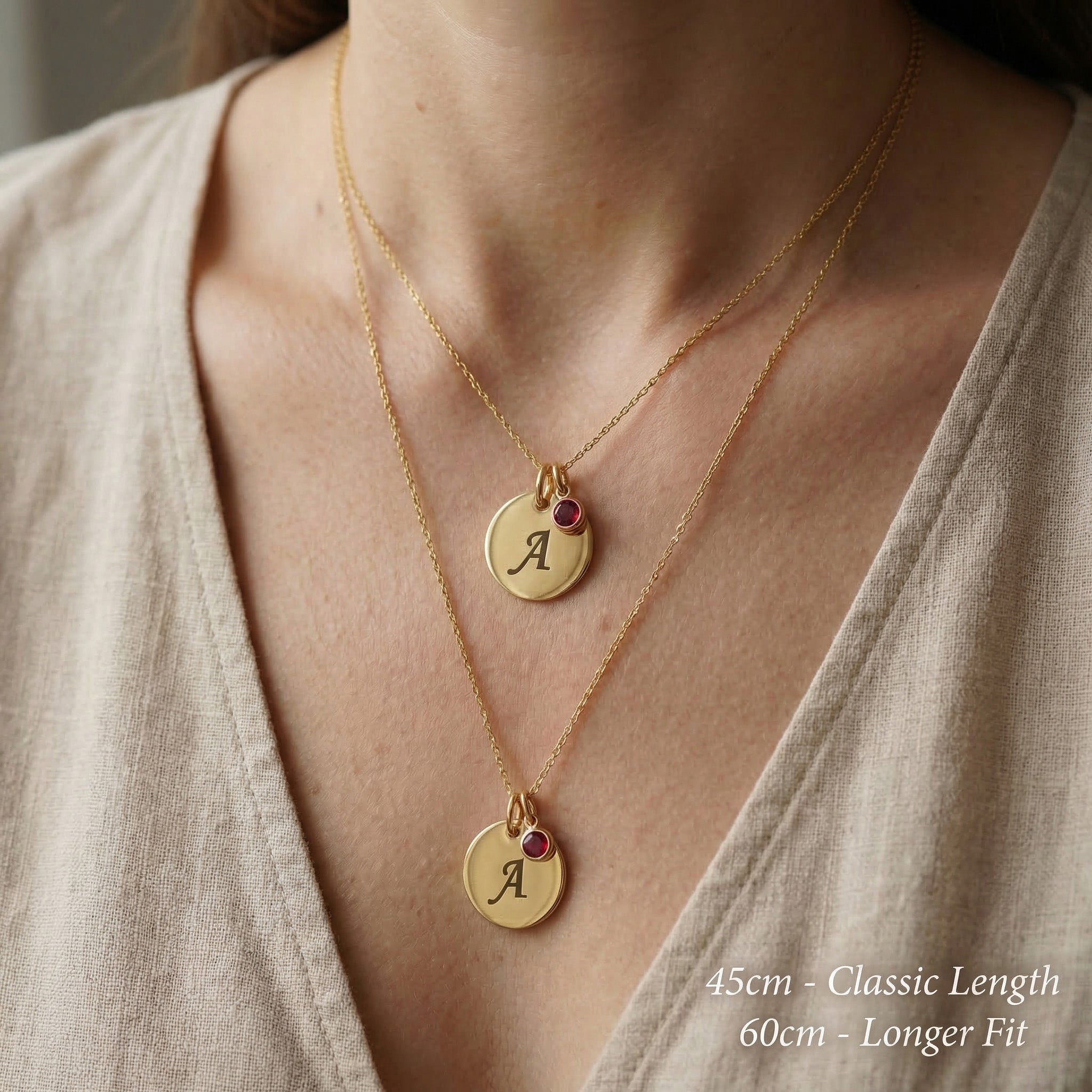 Tokens of Love Necklace worn showing chain length with initial charm and birthstone detail