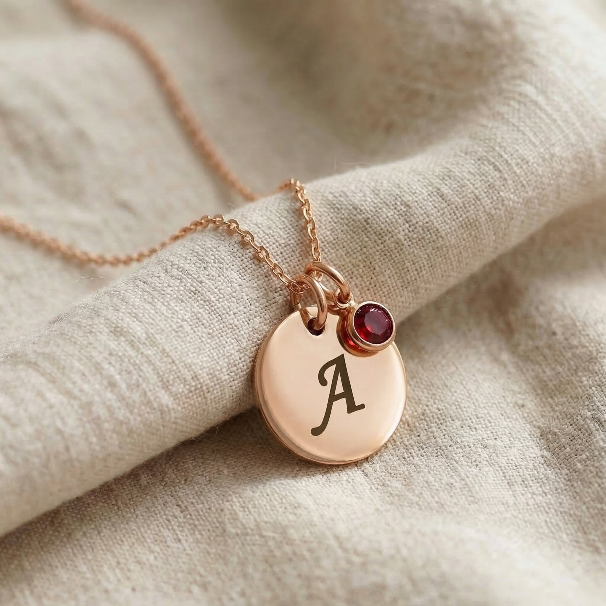 Tokens of Love Necklace in rose gold with initial charm and birthstone detail