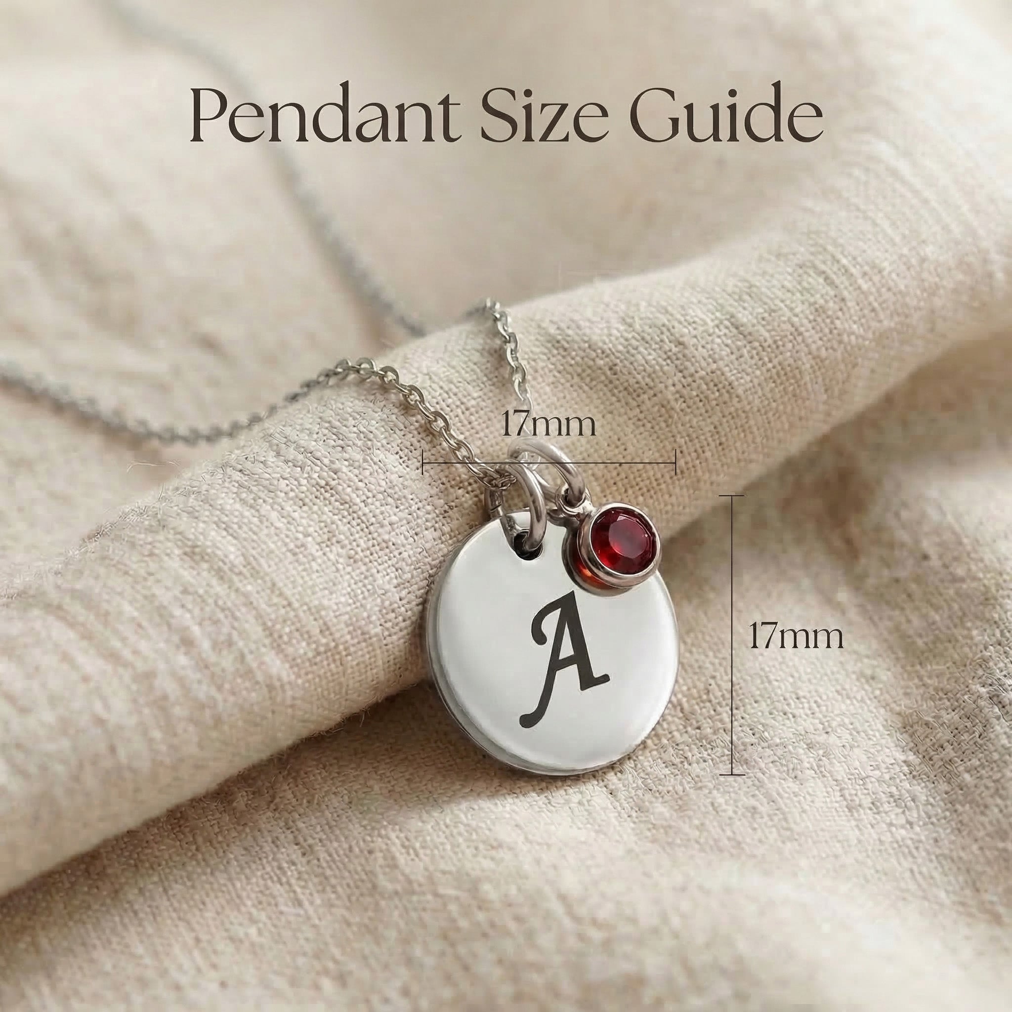 Tokens of Love Necklace size guide showing pendant dimensions and chain length details