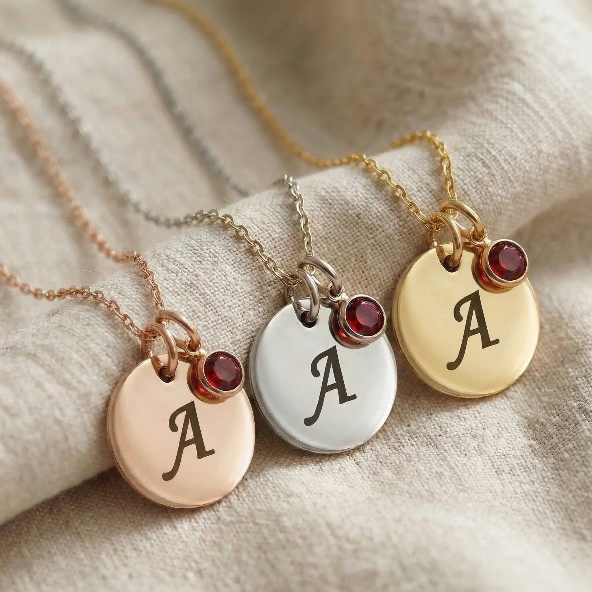 Tokens of Love Necklace tone comparison showing gold, silver and rose gold initial charms